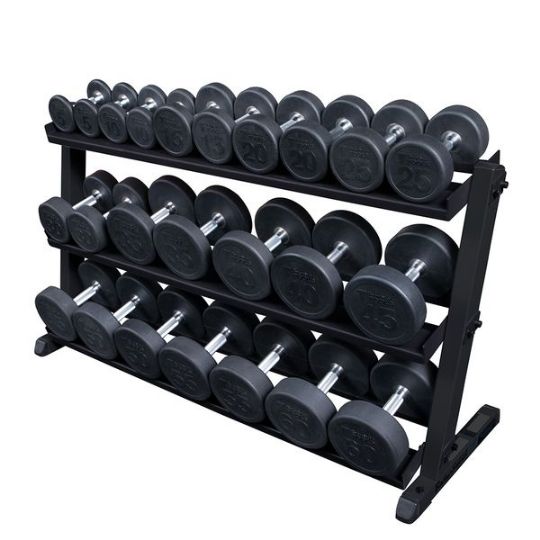 A durable steel rack holds 12 pairs of dumbbells, saves space, and ensures organization and safety. (Dumbbells not included)
