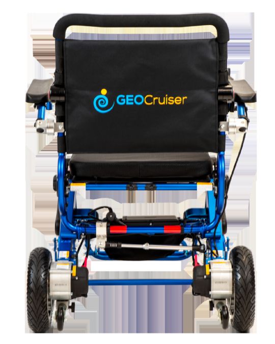 Geo Cruiser DX Folding Power Wheelchair in Blue Front View with arms down