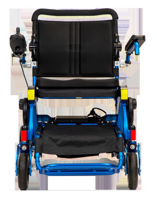 Geo Cruiser DX Folding Power Wheelchair in Blue Front View with arms up 