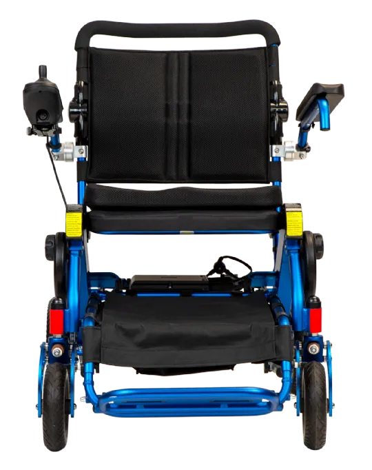 Geo Cruiser DX Folding Power Wheelchair in Blue Front View with arms up 