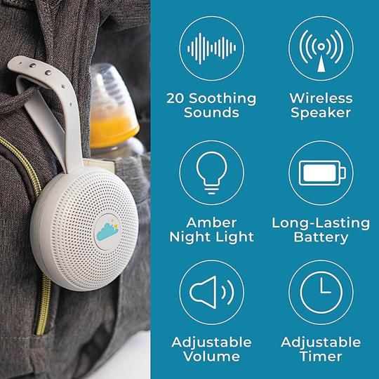 Yogasleep Hushh features 20 soothing sounds, wireless speaker, night light, and long-lasting battery for on-the-go relaxation