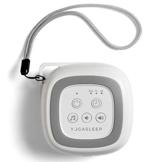 Front view of the Yogasleep Travelcube white noise machine, featuring intuitive controls and a sleek design