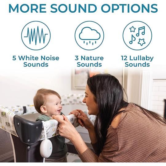 Yogasleep Hushh offers 5 white noise, 3 nature, and 12 lullaby sound options for soothing relaxation