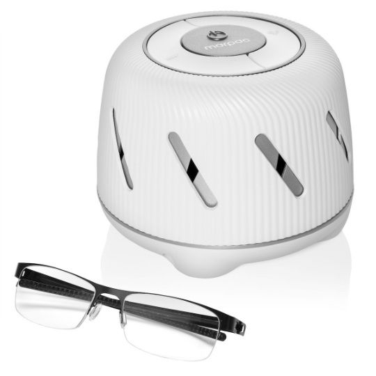 Compact Yogasleep Dohm Connect next to glasses