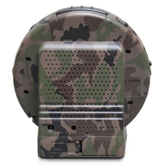 Back view of the Sonic Alert Bunker Bomb Alarm Clock showcasing its durable camouflage design