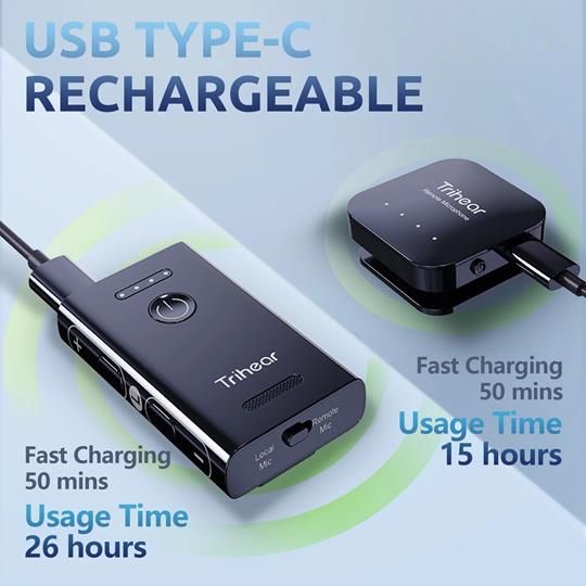 Trihear USB Type-C Rechargeable - 50-minute fast charging for up to 26 hours of use