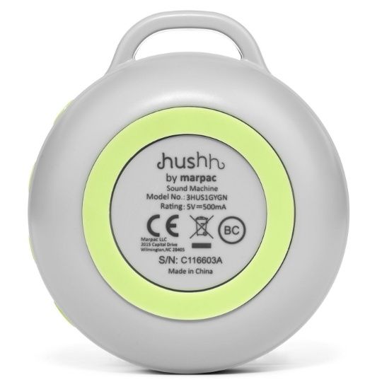 Back view of Yogasleep Hushh Sound Machine with model and rating details