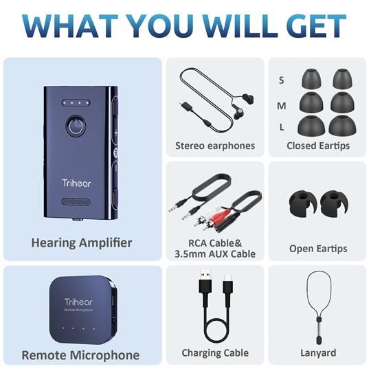 Trihear Package Includes - Hearing amplifier, remote microphone, ear tips, and accessories