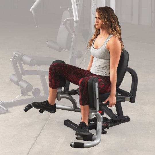 Designed to work the inner and outer thighs of the user while allowing them to remain in a seated position at all times of use