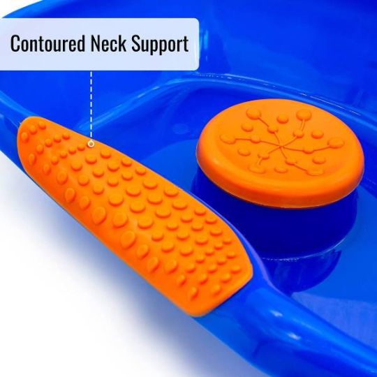 A contoured neck support enhances user comfort