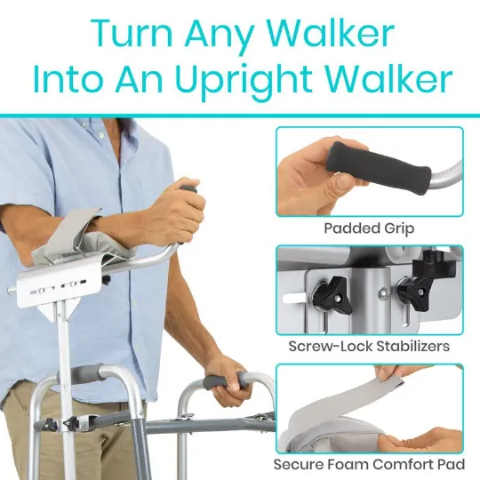 Convert Any Walker into an Upright Walker with Padded Grip, Secure Comfort Pad, and Screw-Lock Stabilizers