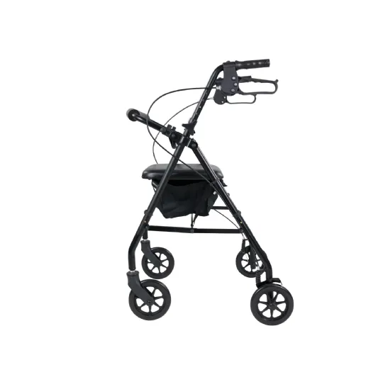 Side view of a lightweight rollator walker with padded seat, ergonomic brakes, and storage pouch