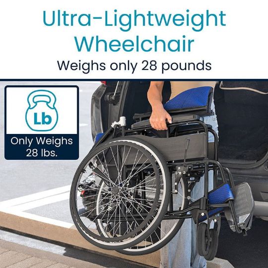 Ultra-lightweight wheelchair, weighing only 28 pounds, for easy transport