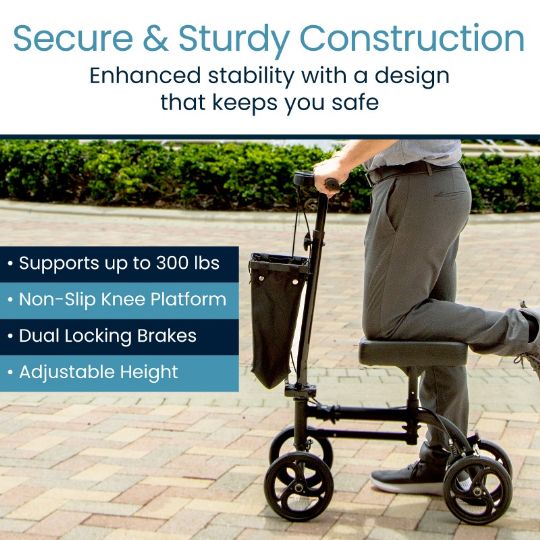 Secure and sturdy Vive Knee Walker with non-slip knee platform, dual locking brakes, and adjustable height