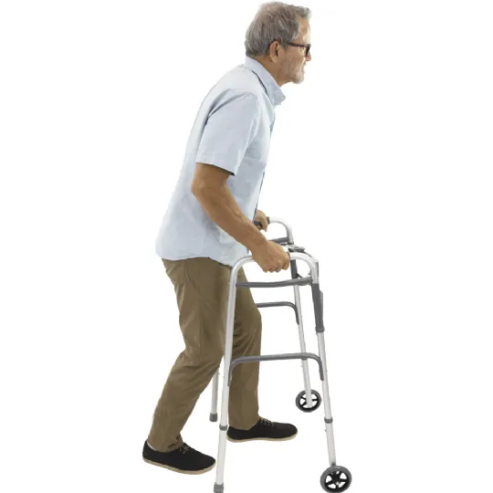 Side view of a man using a lightweight walker with wheels