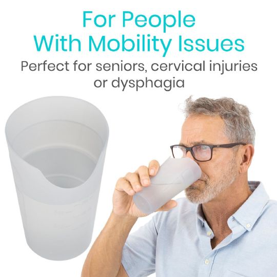 Vive Nosey Dysphagia Cup ideal for seniors and individuals with mobility challenges, featuring a cutout design for easier drinking