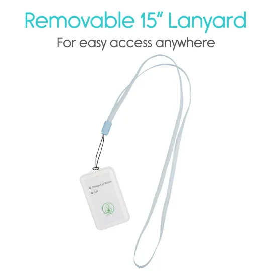 Wireless call button with a removable 15-inch lanyard for easy access