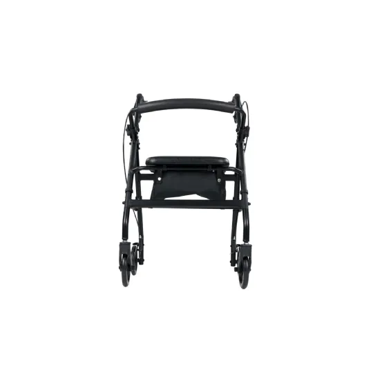 Front view of a lightweight rollator walker with padded seat and storage pouch