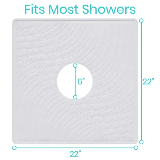 Shower mat fits most showers with 22 in. x 22 in. dimensions and a 6 in. drain hole