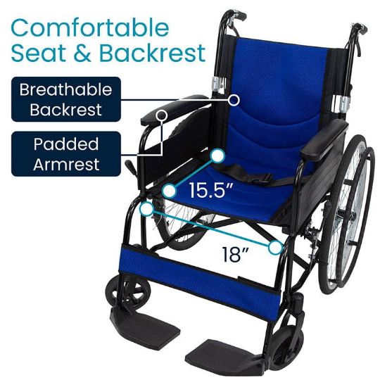 Comfortable wheelchair with breathable backrest, padded armrests, and spacious seat