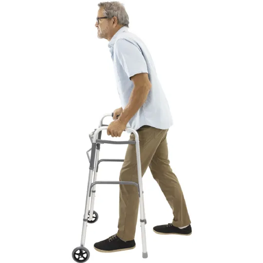 Man walking with a durable folding walker featuring wheels