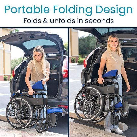 Portable folding wheelchair, easily folds and unfolds in seconds