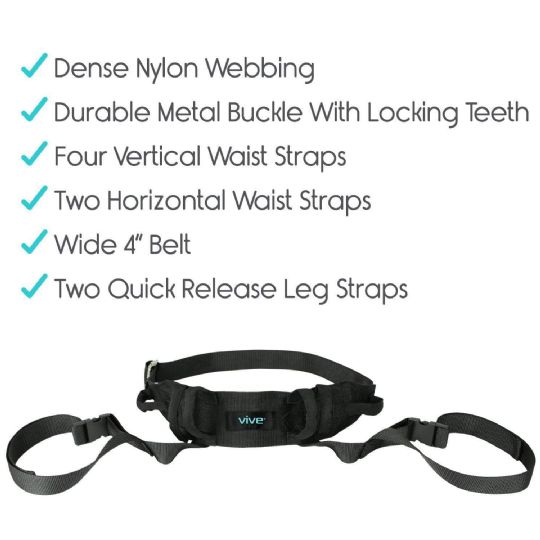 Features of Vive transfer belt: durable nylon, locking metal buckle, adjustable straps, and quick-release leg straps for secure assistance