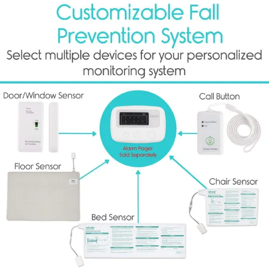 Customizable fall prevention system with multiple monitoring device options, including sensors and a wireless call button