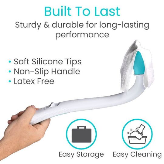 Vive Bathroom Wiping Aid featuring durable design with soft silicone tips, non-slip handle, and latex-free materials for easy cleaning and storage