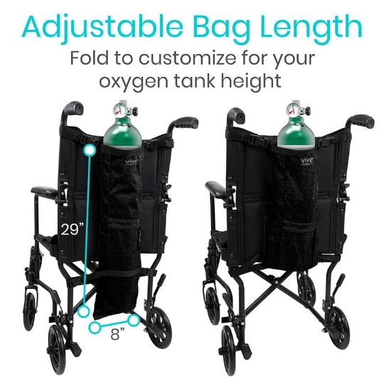 Adjustable bag length on the Vive Mobility Oxygen Tank Holder, customizable for various tank sizes