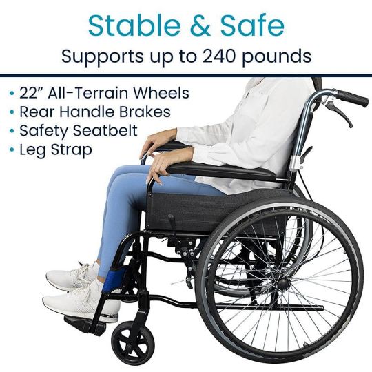 Stable and safe wheelchair with 22-inch wheels, seatbelt, and leg strap, supports up to 240 lbs