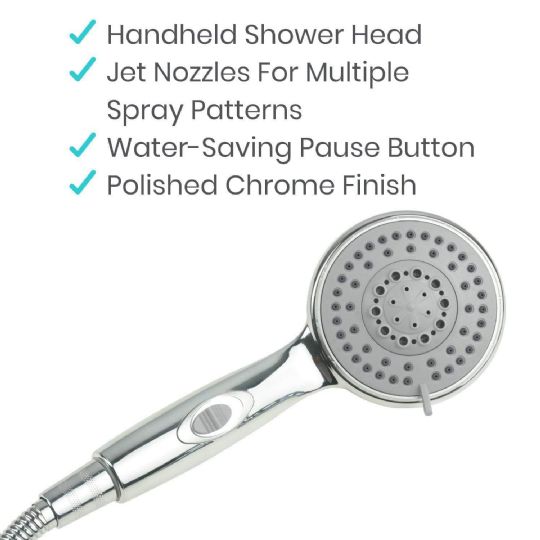 Handheld shower head with multiple spray patterns and chrome finish