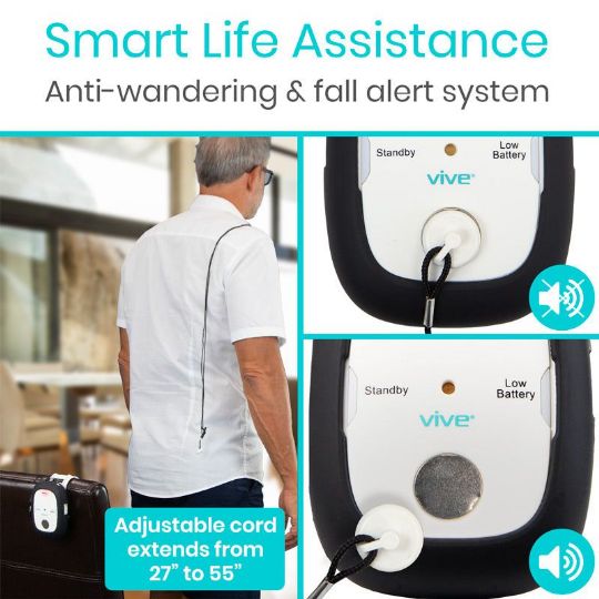 Smart assistance with Vive Pull Cord Alarm featuring anti-wandering and fall alerts, adjustable cord length from 27 in. to 55 in. for personalized safety.