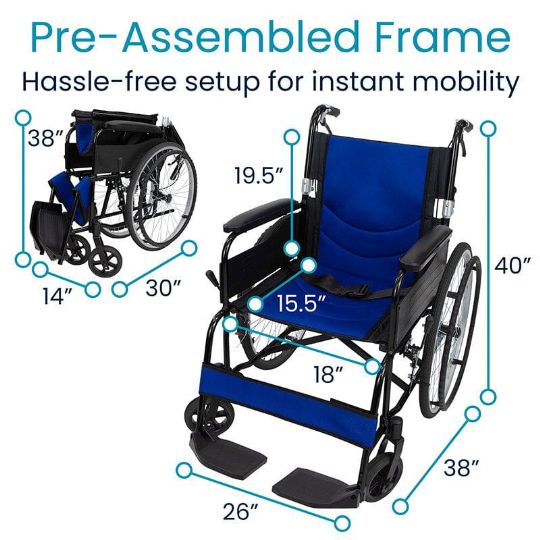 Pre-assembled wheelchair with hassle-free setup and detailed dimensions for instant use