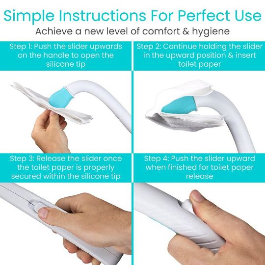 Step-by-step guide for using the Vive Bathroom Wiping Aid, ensuring comfort and hygiene