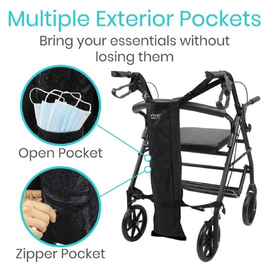 Multiple exterior pockets on the Vive Mobility Oxygen Tank Holder, featuring open and zippered compartments for essentials