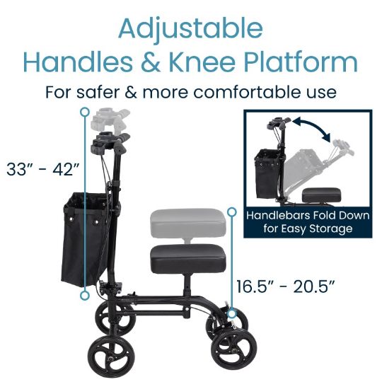 Adjustable handles and knee platform with foldable handlebars for easy storage and personalized comfort