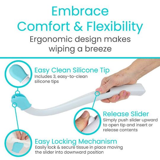 Vive Bathroom Wiping Aid with ergonomic design, easy-to-clean silicone tips, and simple locking mechanism for comfort and flexibility