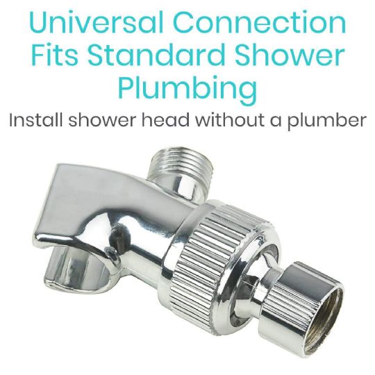 Universal connector fits standard shower plumbing for easy installation