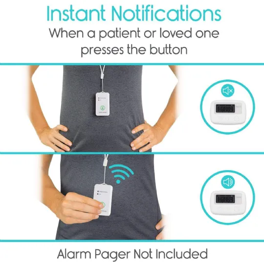 Wireless call button provides instant notifications to the alarm pager when pressed. Pager not included