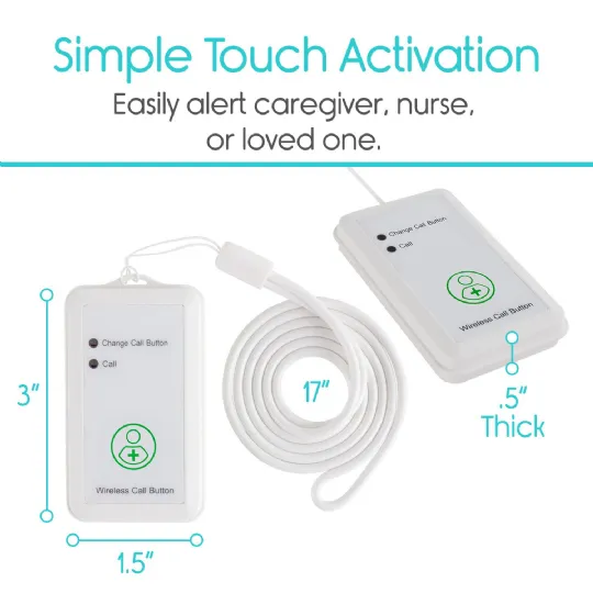 Simple touch activation wireless call button with dimensions and 17-inch cord for easy caregiver alerts