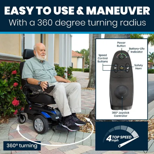 Easy to Use - 360 degree turning radius, intuitive joystick, and 4 mph top speed for smooth maneuvering