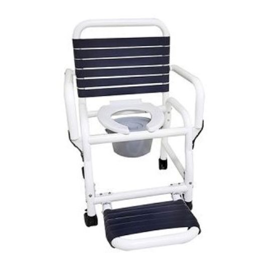 Seat with Soft Touch Folding Footrest, Open Front Hard Seat, Double Drop Arms, and 7.5 qt Commode Pail, and 3in. Locking Casters 