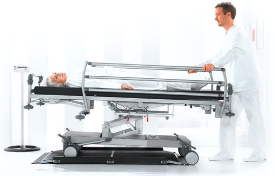 Caregivers may position the gurney or stretcher on the scale, eliminating the need to get the patient up.