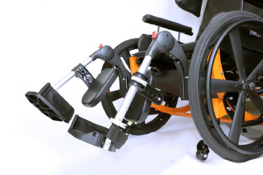 Closeup of the leg rests on the Broda Encore Pedal Wheelchair