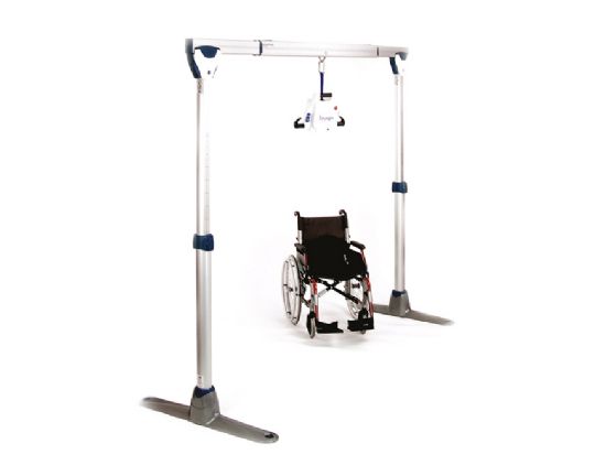 Joerns Easytrack Free Standing Gantry shown with a patient lift and wheelchair (patient lift and wheelchair not included)