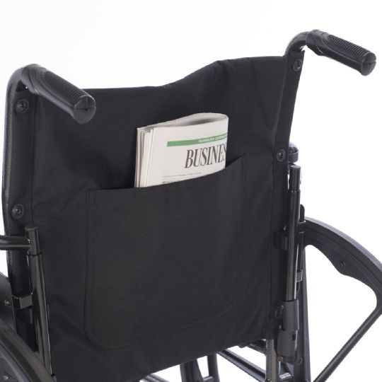 Wheelchair with convenient back pocket for storage.