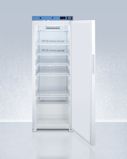 24 in. wide upright healthcare refrigerator sided view
open door