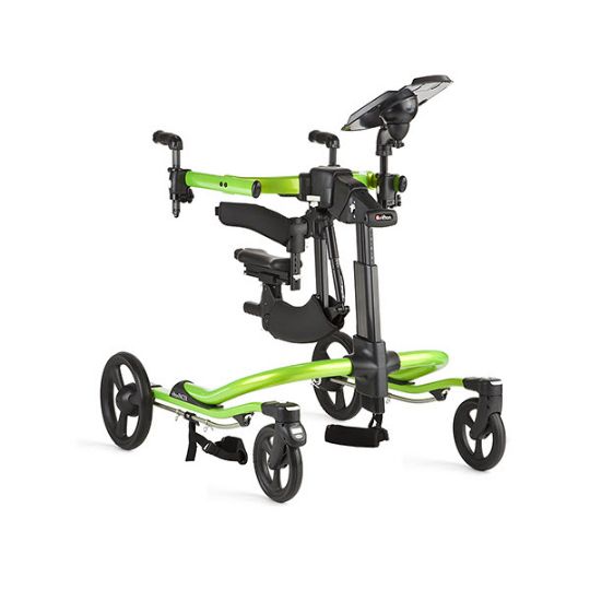 Shown is the Lime Dynamic Frame and Utility Base with Additional Handholds, Communication Tray, Ankle Prompts, and Multi-Position Saddle