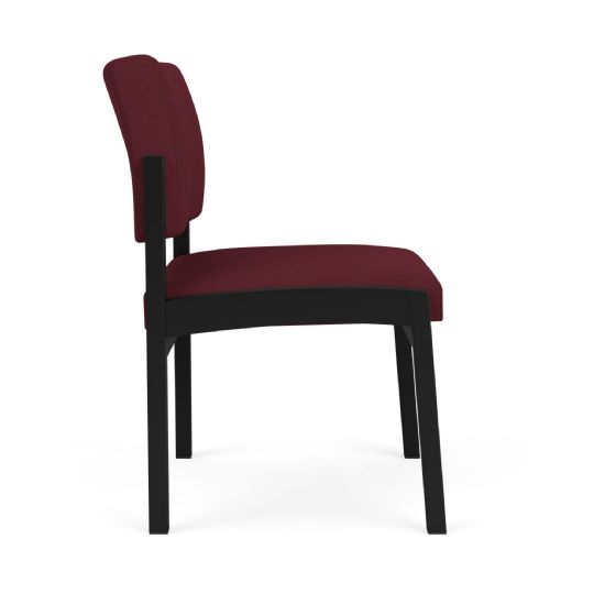 Chair side view, with black frame and wine upholstery